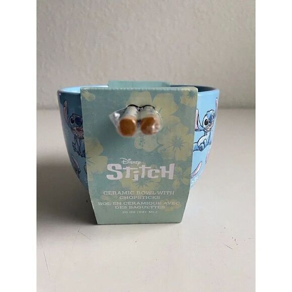 Disney Lilo And Stitch Floral  Ramen Ceramic Bowl With Chopsticks 20 Oz NEW - Picture 6 of 10
